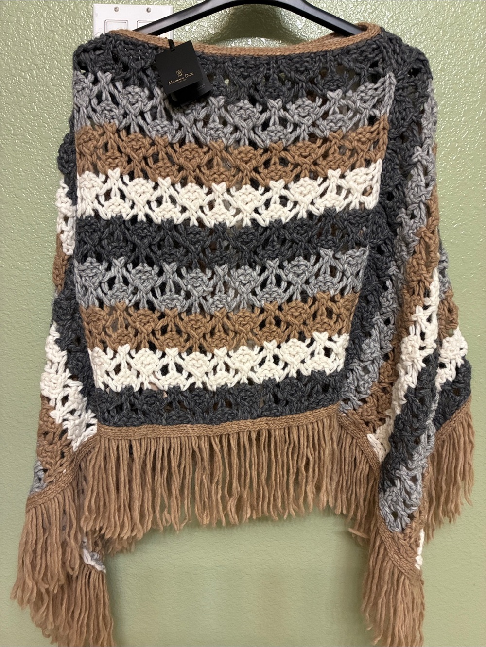Massimo Dutti made in Spain brand new Italian yarnStriped Crochet Fringe Poncho